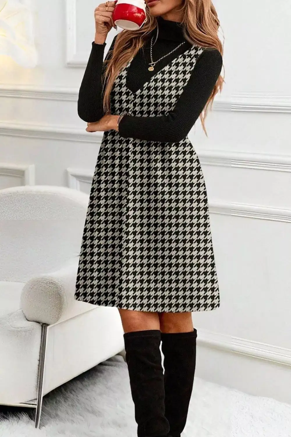 Houndstooth V Neck Sleeveless Mini Dress