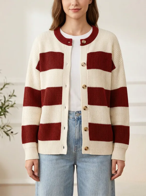 Classic Embroidered Distinctive Rugby Striped Knit Cardigan