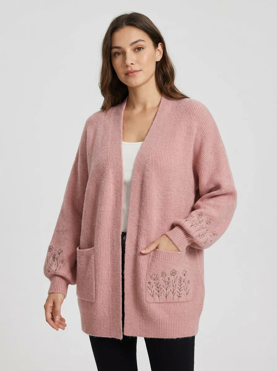 Women's Pink Floral Nature Lover Embroidered Printed Casual Cardigan