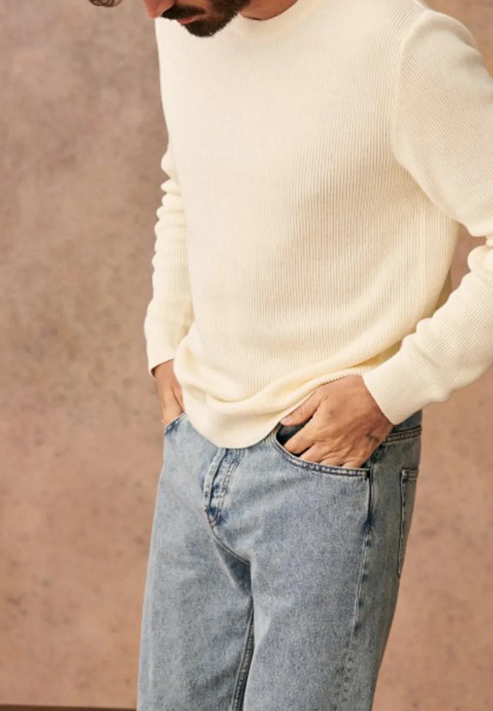 Cream Soft Ribbed Knit Crew Neck Sweater