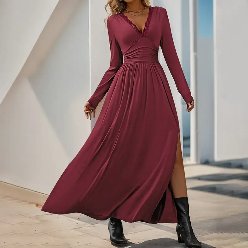 Women's V-Neck Long-Sleeve Slit Bridal Maxi Dress