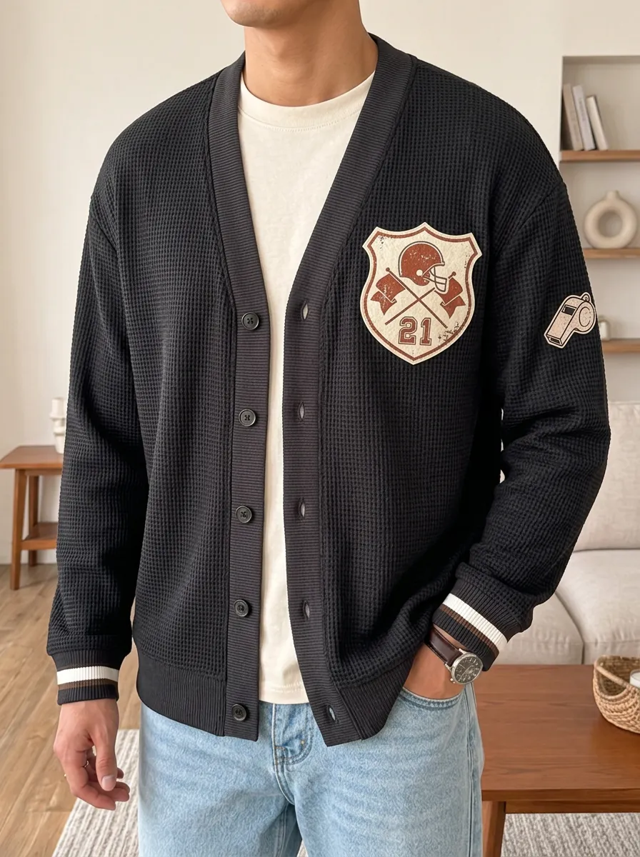 Men's Football Fan Helmet 21 Emblem Printed Waffle Cardigan