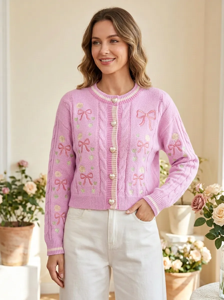 Women's Heart Coquette Ribbon Bow Printed Cardigan