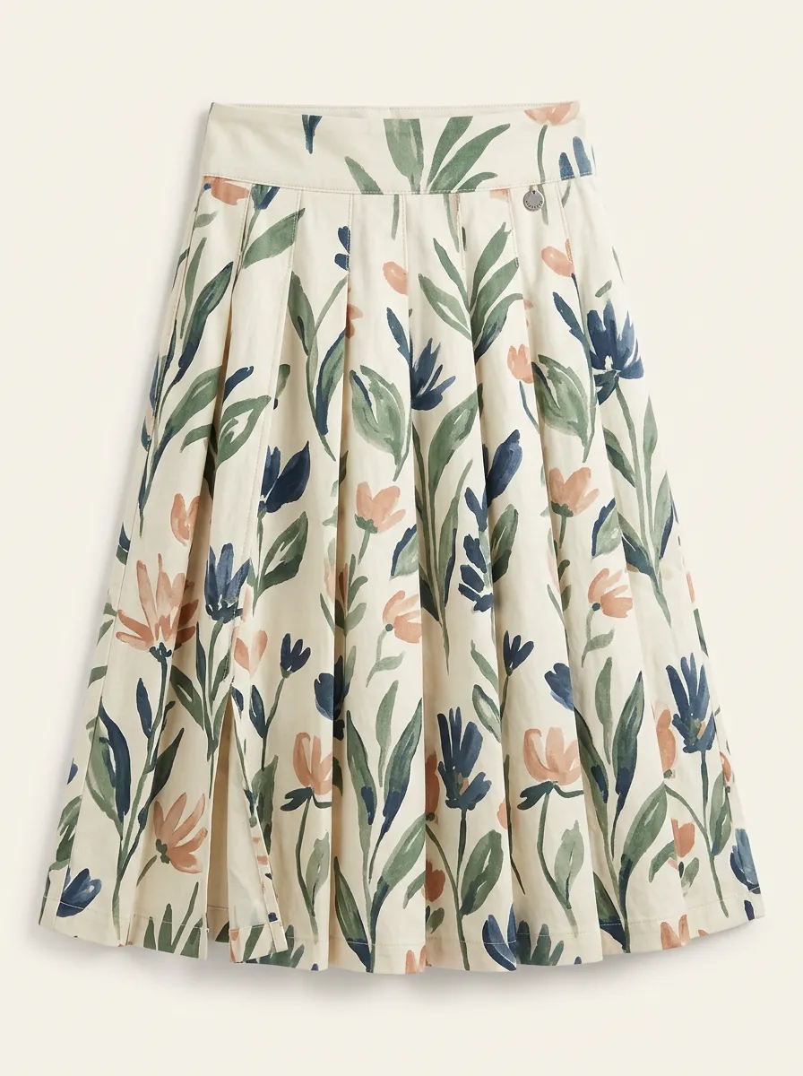 Women's Botanical Floral Watercolor Printed Pleated Midi Skirt