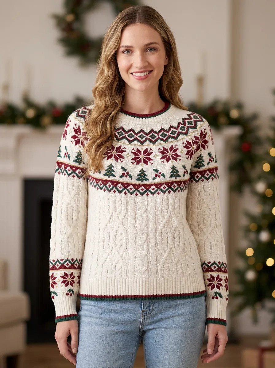 Christmas Holiday Fair Isle Tree Pattern Print Sweater