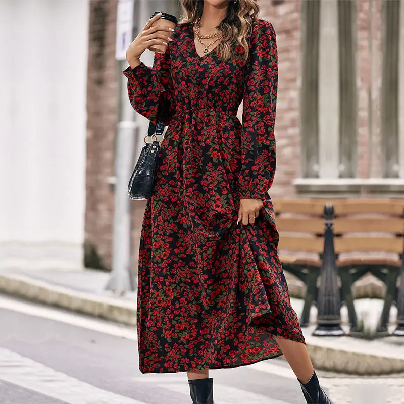 Women's A-Line V-Neck Floral Ruffled Maxi Dress