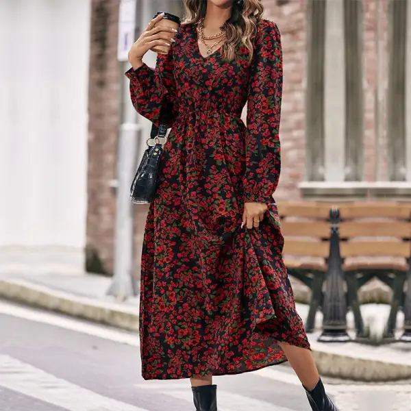 Women's A-Line V-Neck Floral Ruffled Maxi Dress