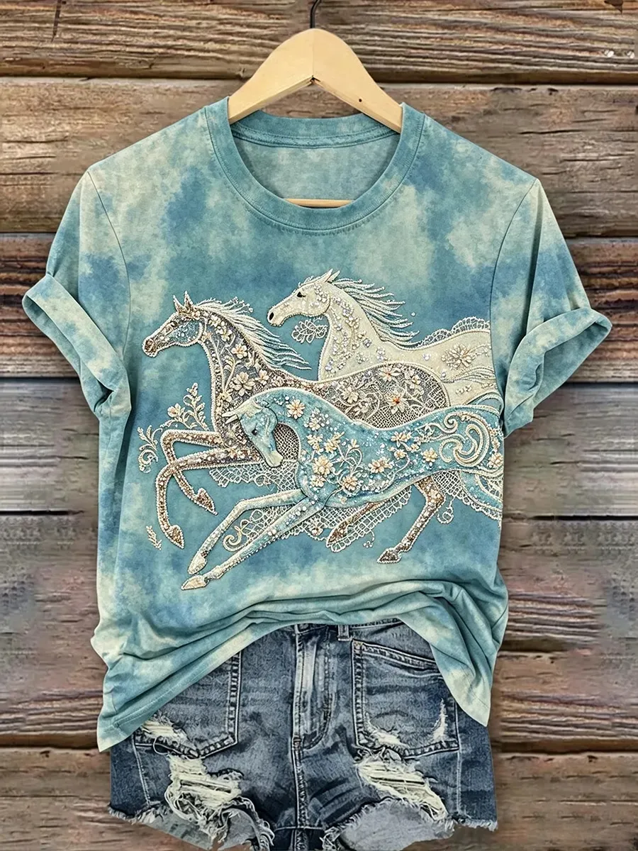 Women's Vintage Horse Floral Art Print Casual T-Shirt