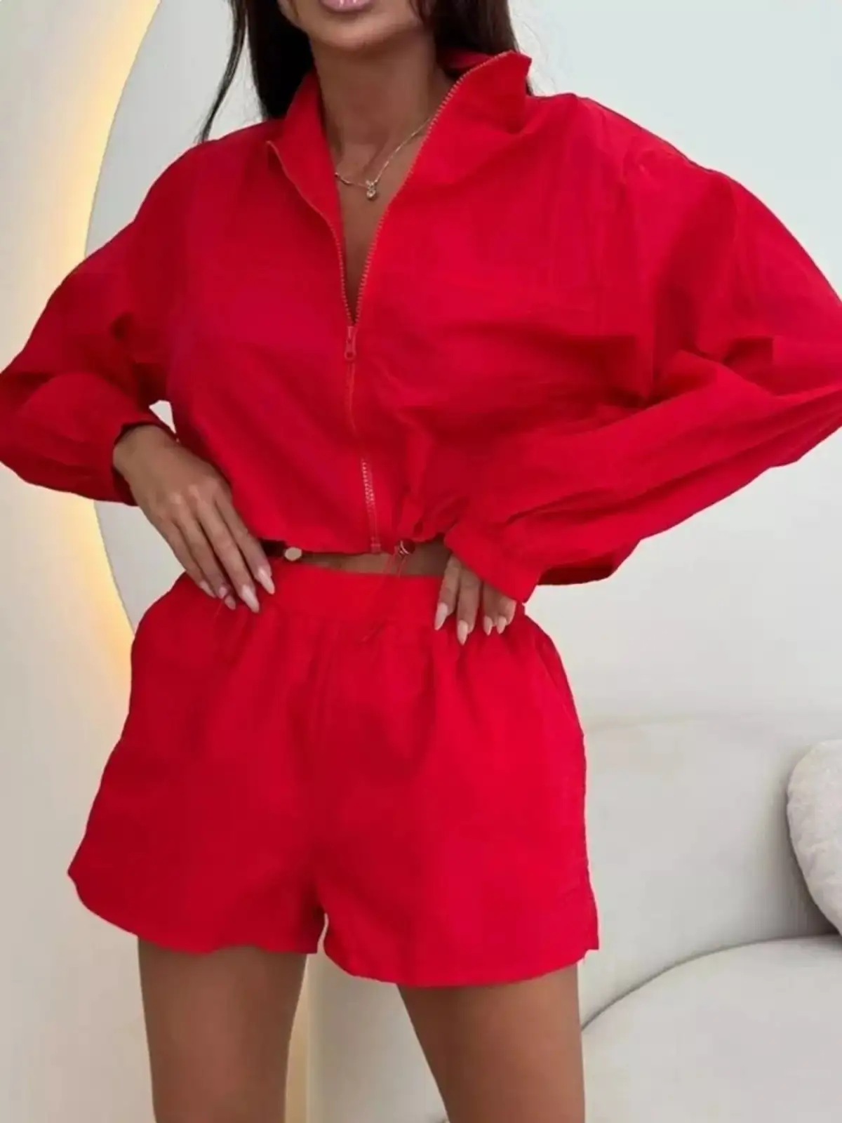 Relaxed Drawstring Zip-Detail Pocketed Top and Shorts Matching Set