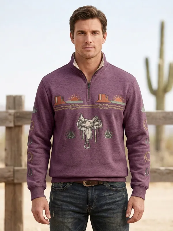 Men's Western Cowboy Saddle Desert Half-Zip Sweatshirt