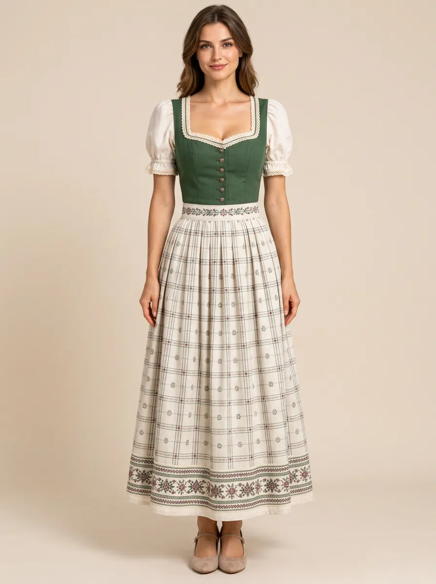 Women's Bavarian-Inspired Plaid Floral Bodice Maxi Skirt Set