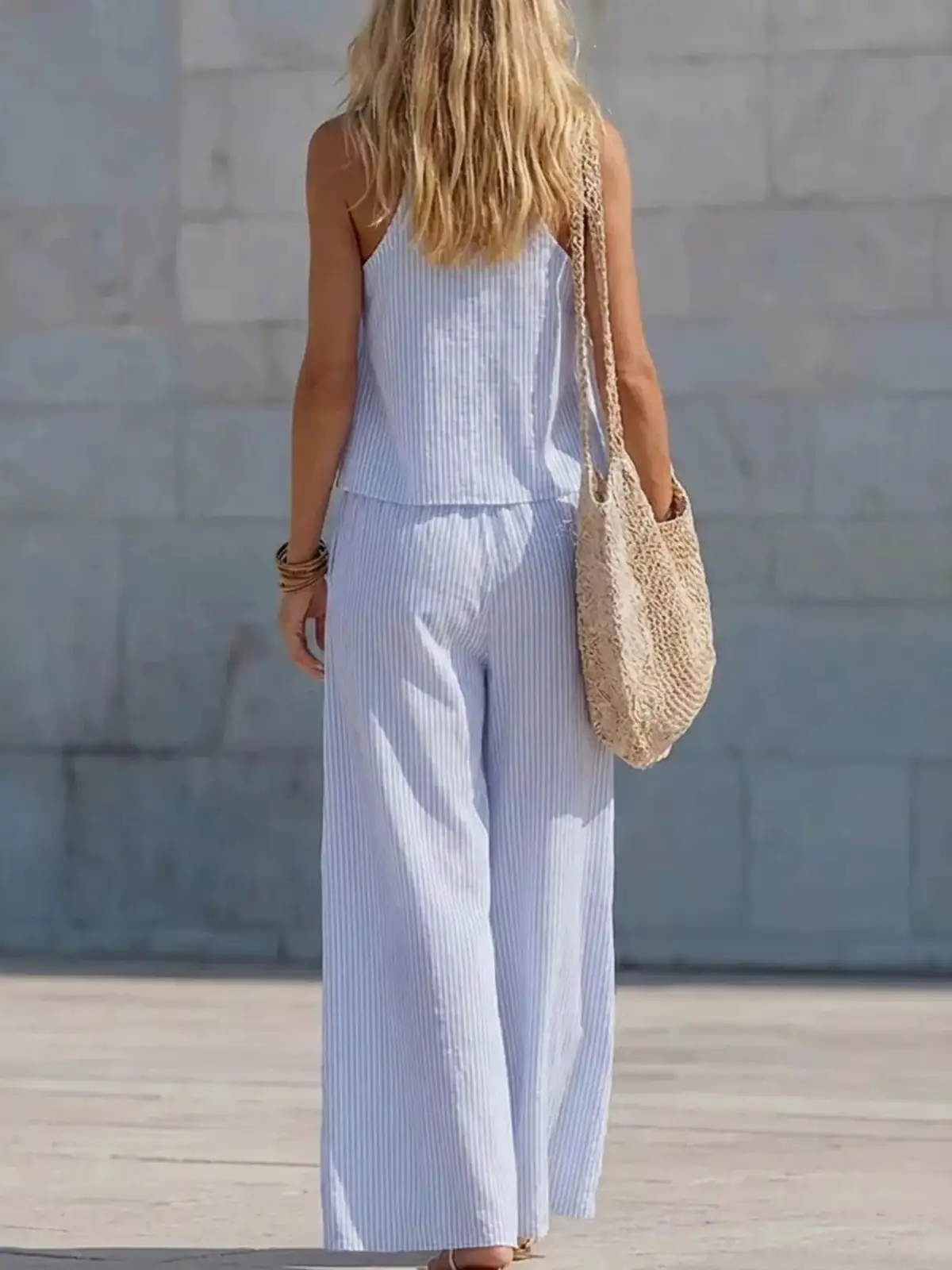 V-Neck Lace Striped Pants Matching Set