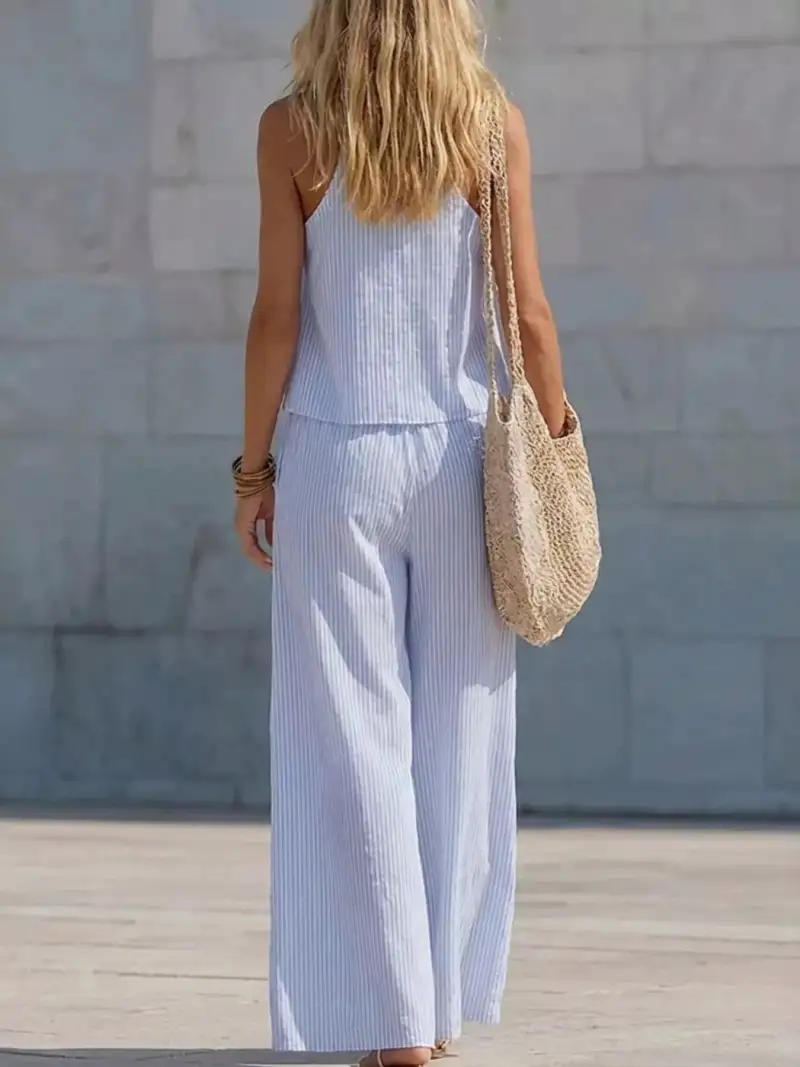 V-Neck Lace Striped Pants Matching Set