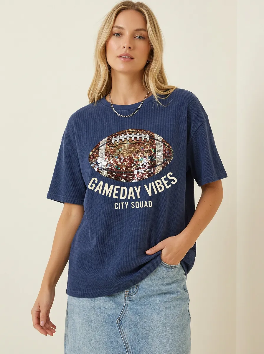 Women's Field Inspired Football Ball Sequin Crew Neck Graphic T-Shirt
