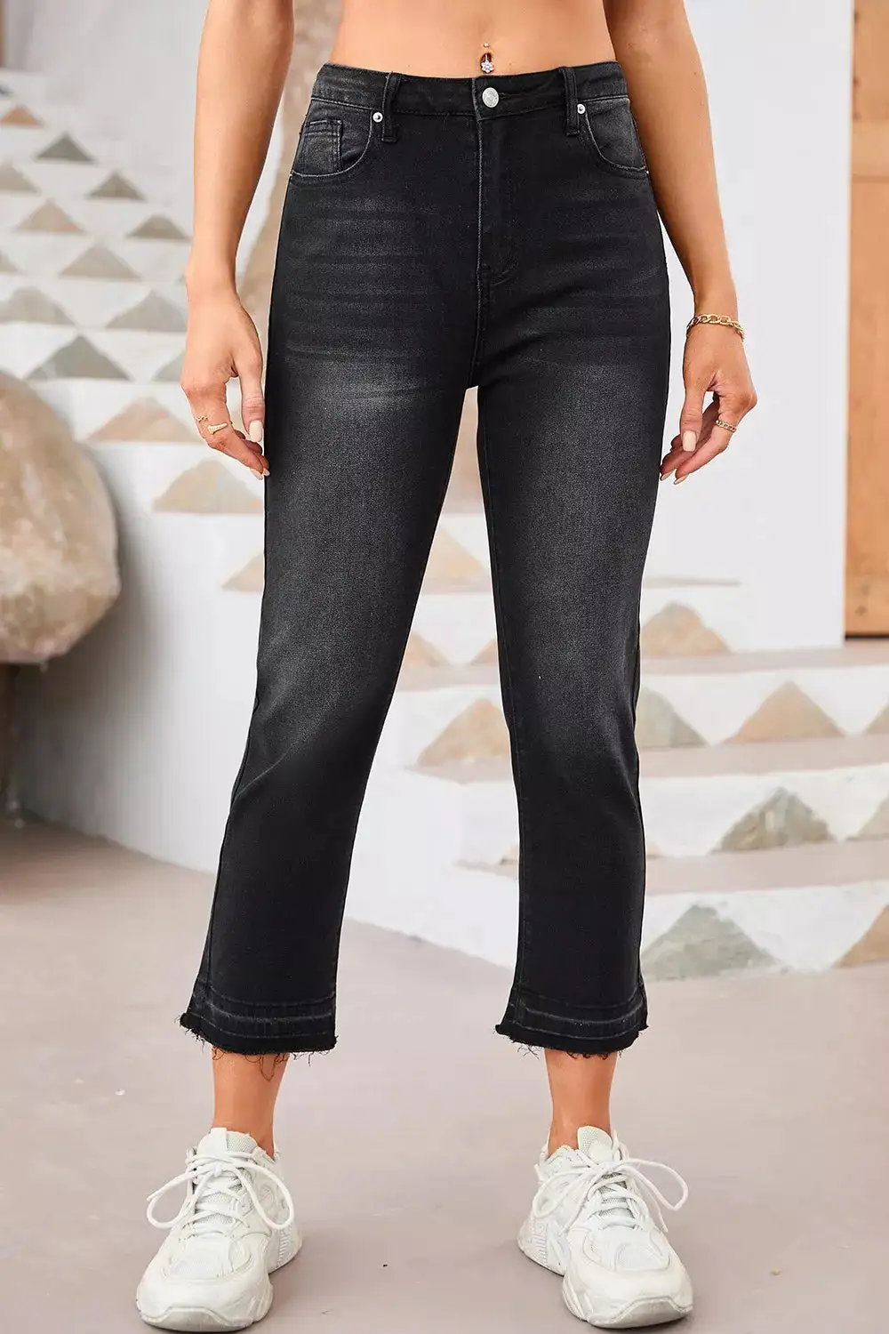 High-Waisted Distressed Hem Straight Leg Jeans For Ladies