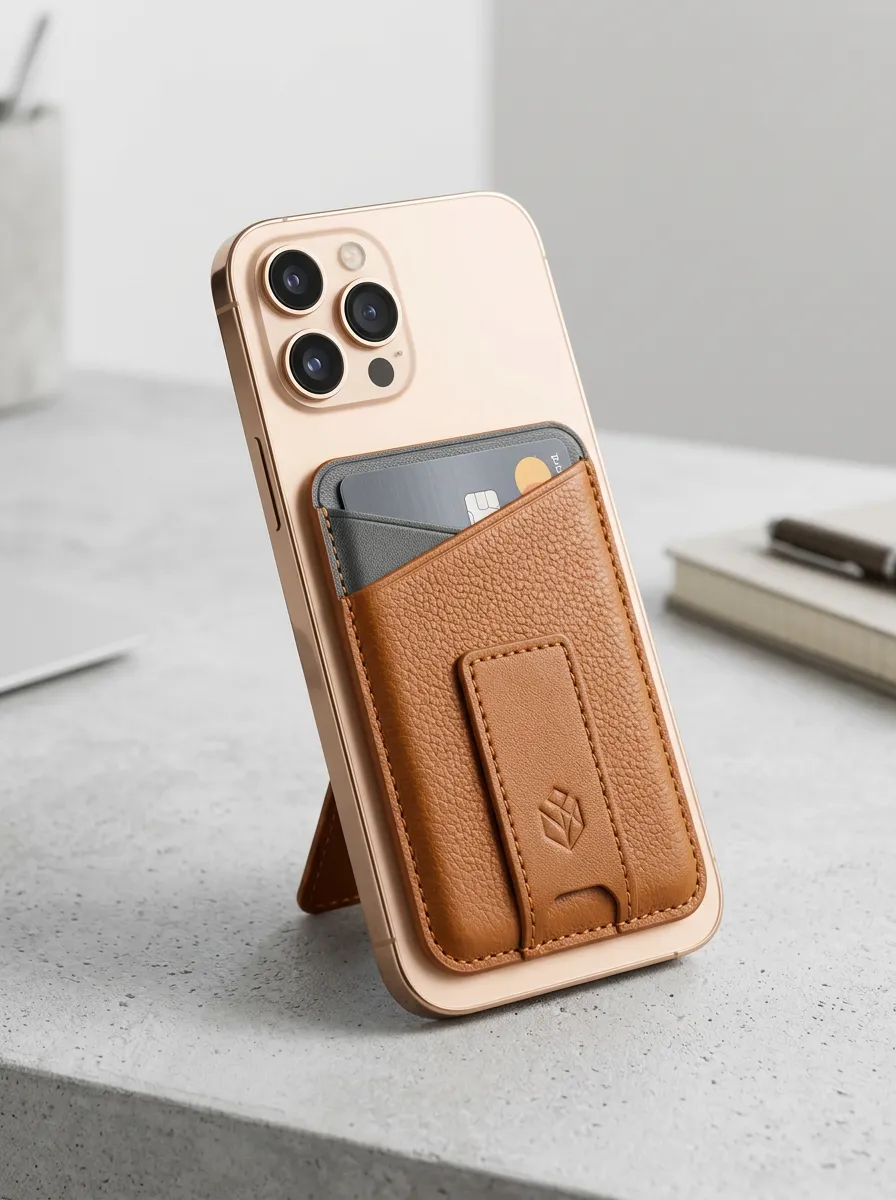 Unisex Minimalist Brown Leather Magnetic Phone Card Holder