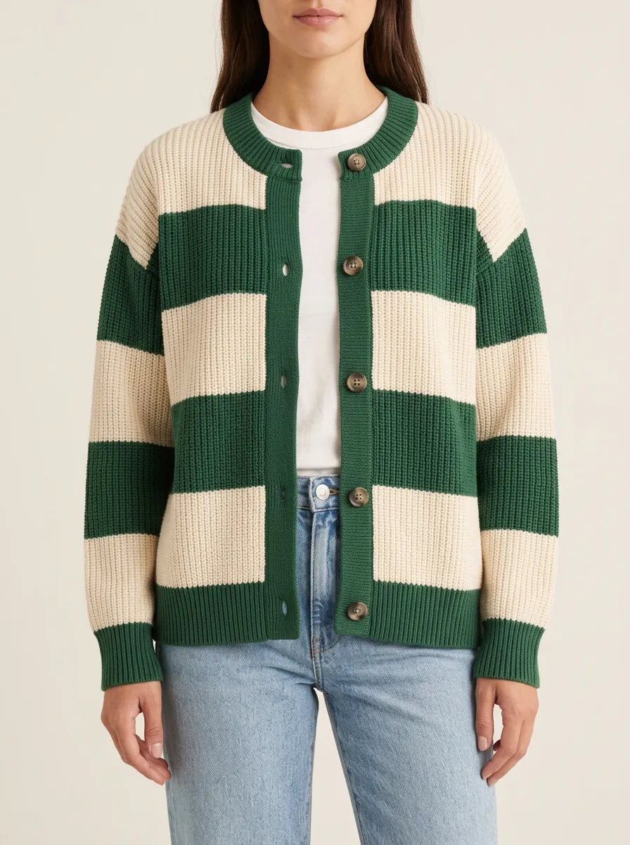 Classic Layered Rugby Striped Knit Cardigan