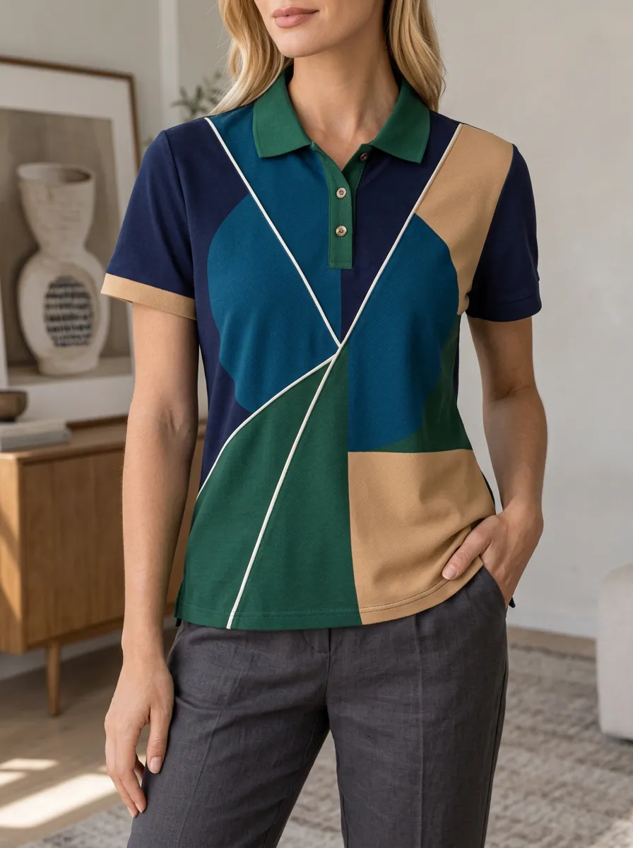 Women's Relaxed Geometric Colorblock Artwork Polo Shirt