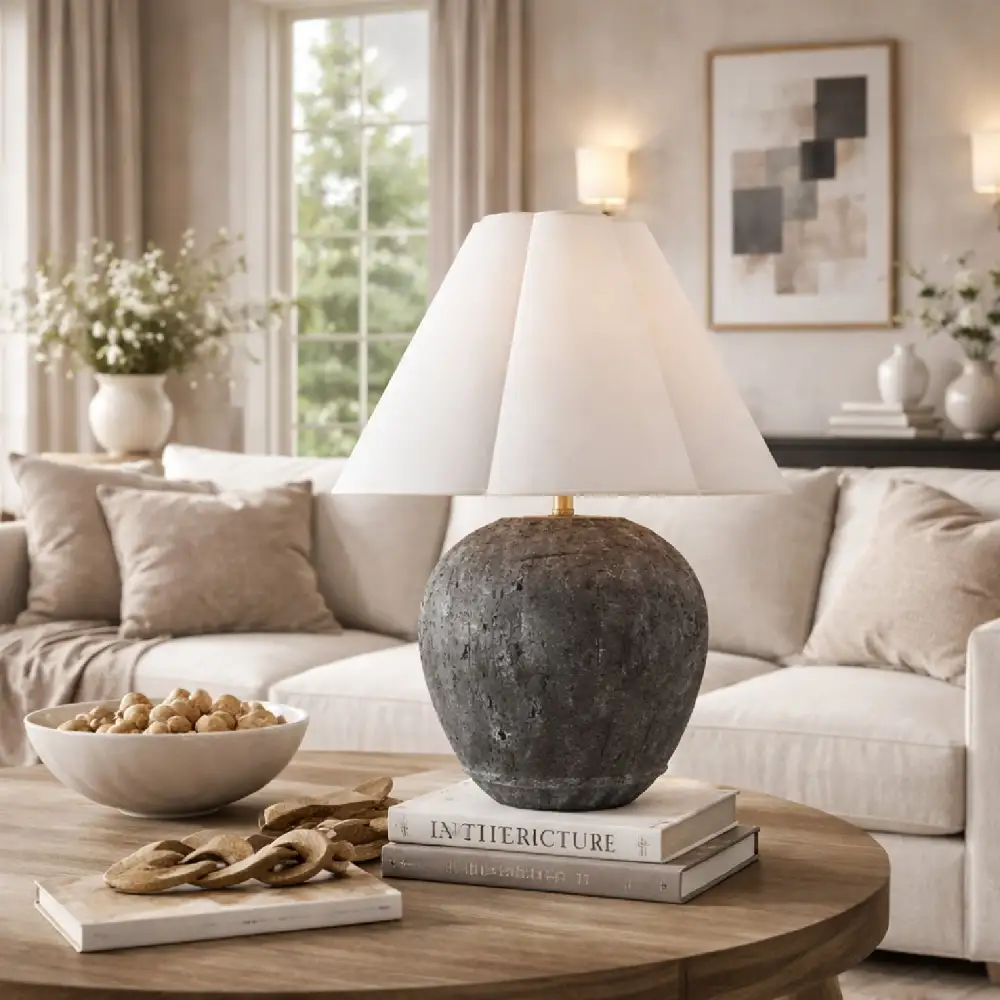 Rounded Modern Cement Linen Stone Table Lamp