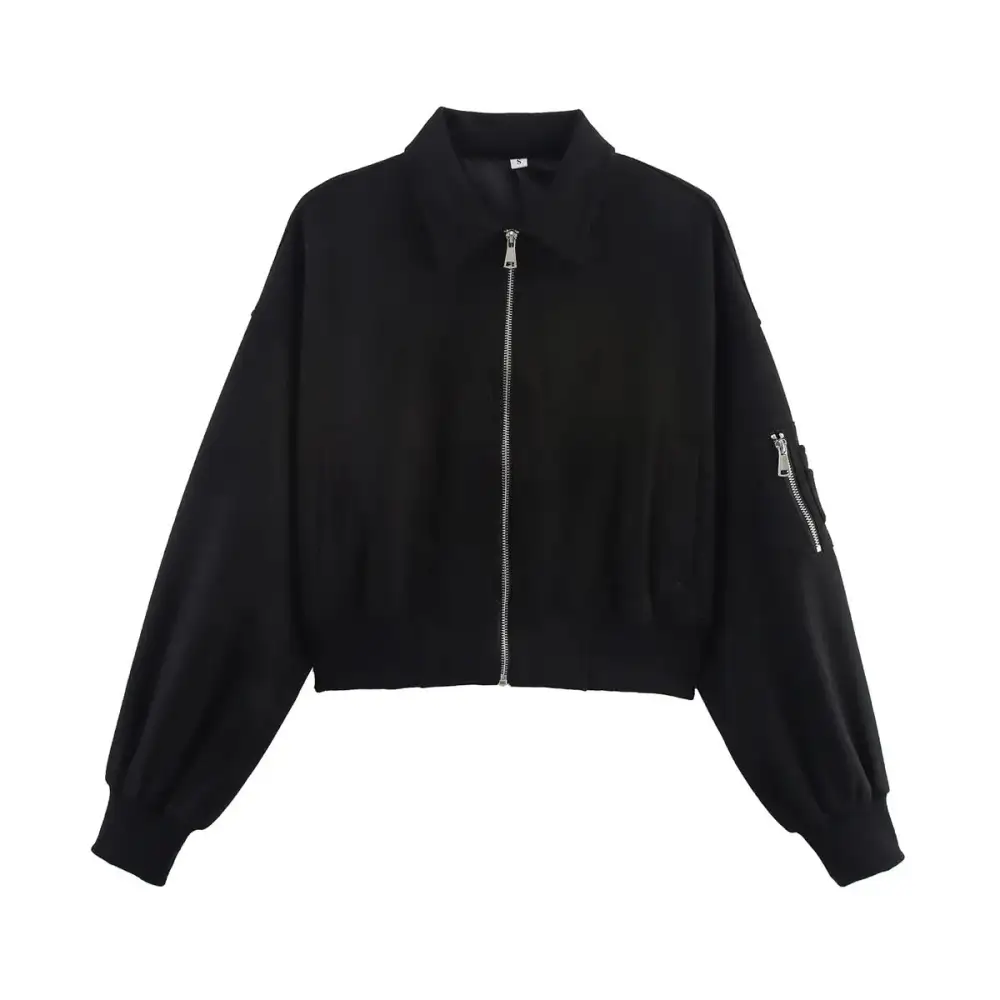 Cropped Velvet Touch Zip Front Ribbed Trim Bomber Jacket