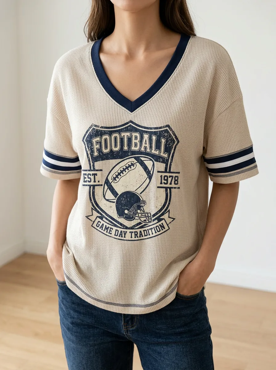 Women's Heritage Football Lover Vintage Helmet Printed Waffle Knit Top