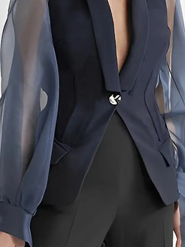 Relaxed Puff Sleeve See Through Split Lapel Blazer