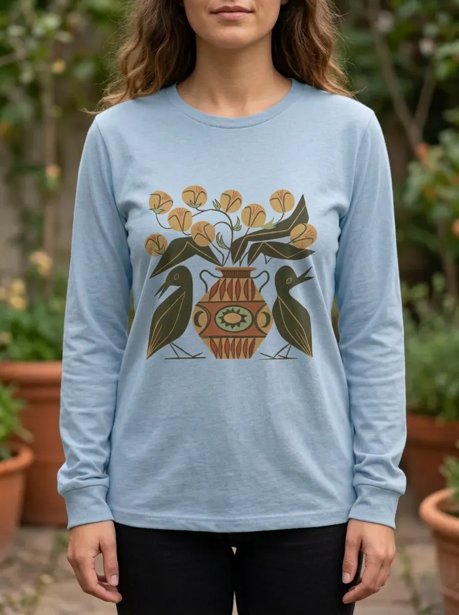 Women's Folk Art Bird and Floral Vase Printed Long Sleeve T-shirt