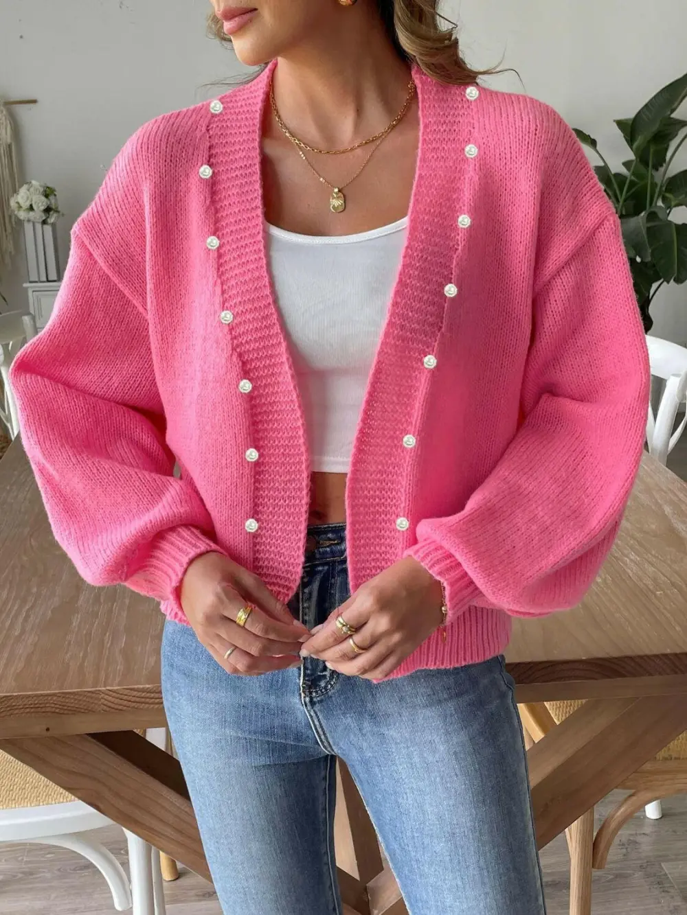 Pearl Detail Open Front Cardigan