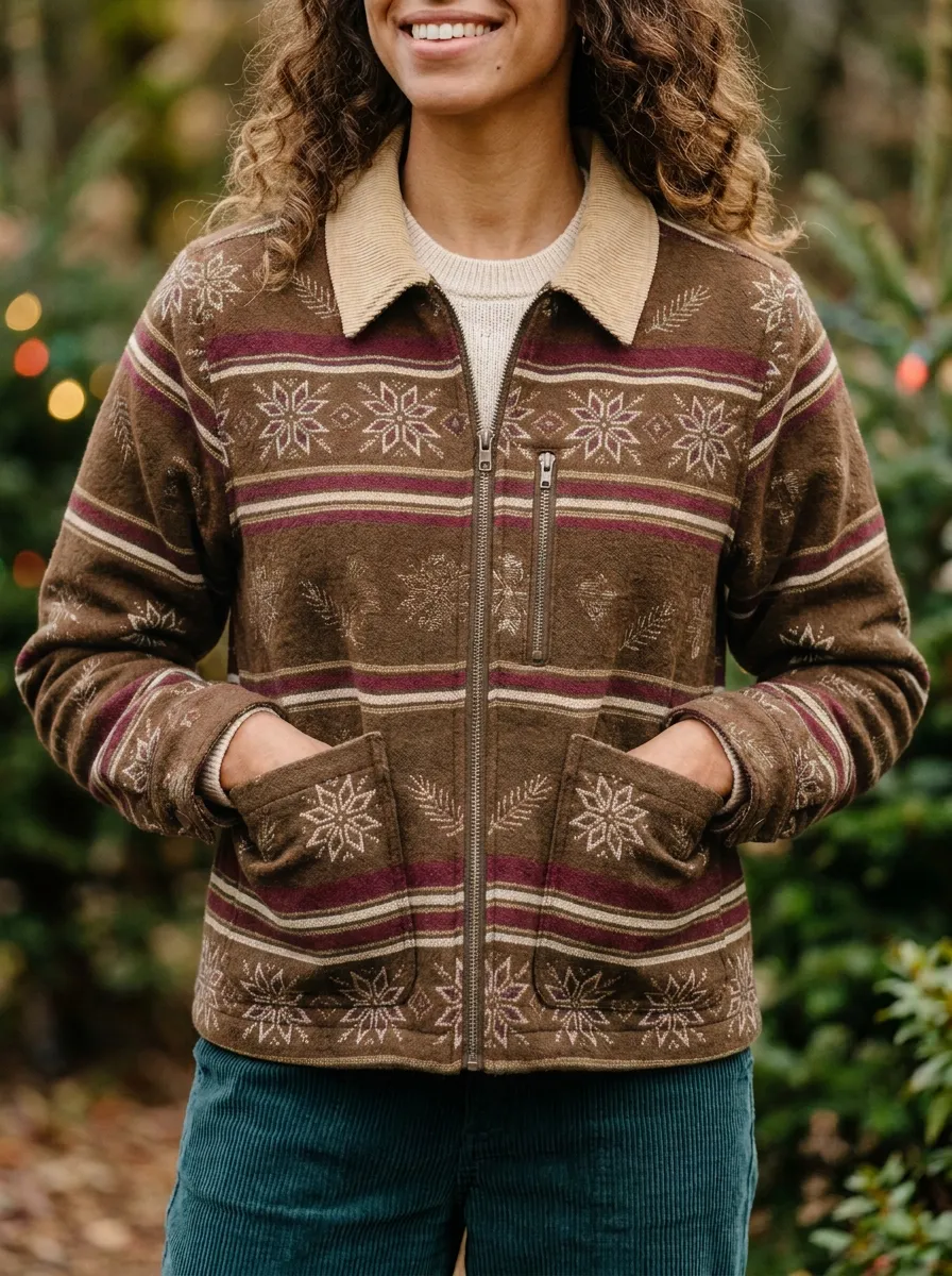Christmas Holiday Snowflake Pattern Print Zip-up Jacket