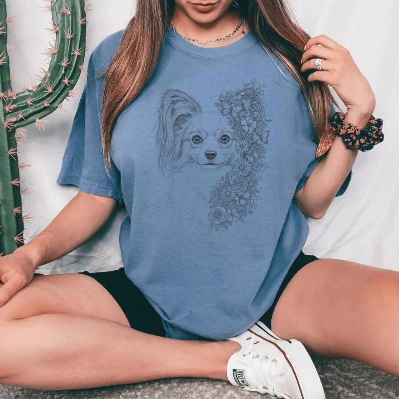 Floral Papillon Dog Flower And Butterflies For Women Women's Oversized Comfort T-shirt