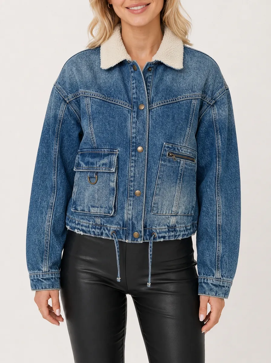 Women's Sherpa Collar Utility Pocket Denim Jacket