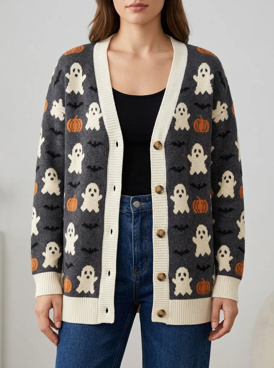 Women's Halloween Ghost Pumpkin Bat Pattern Knitted Cardigan