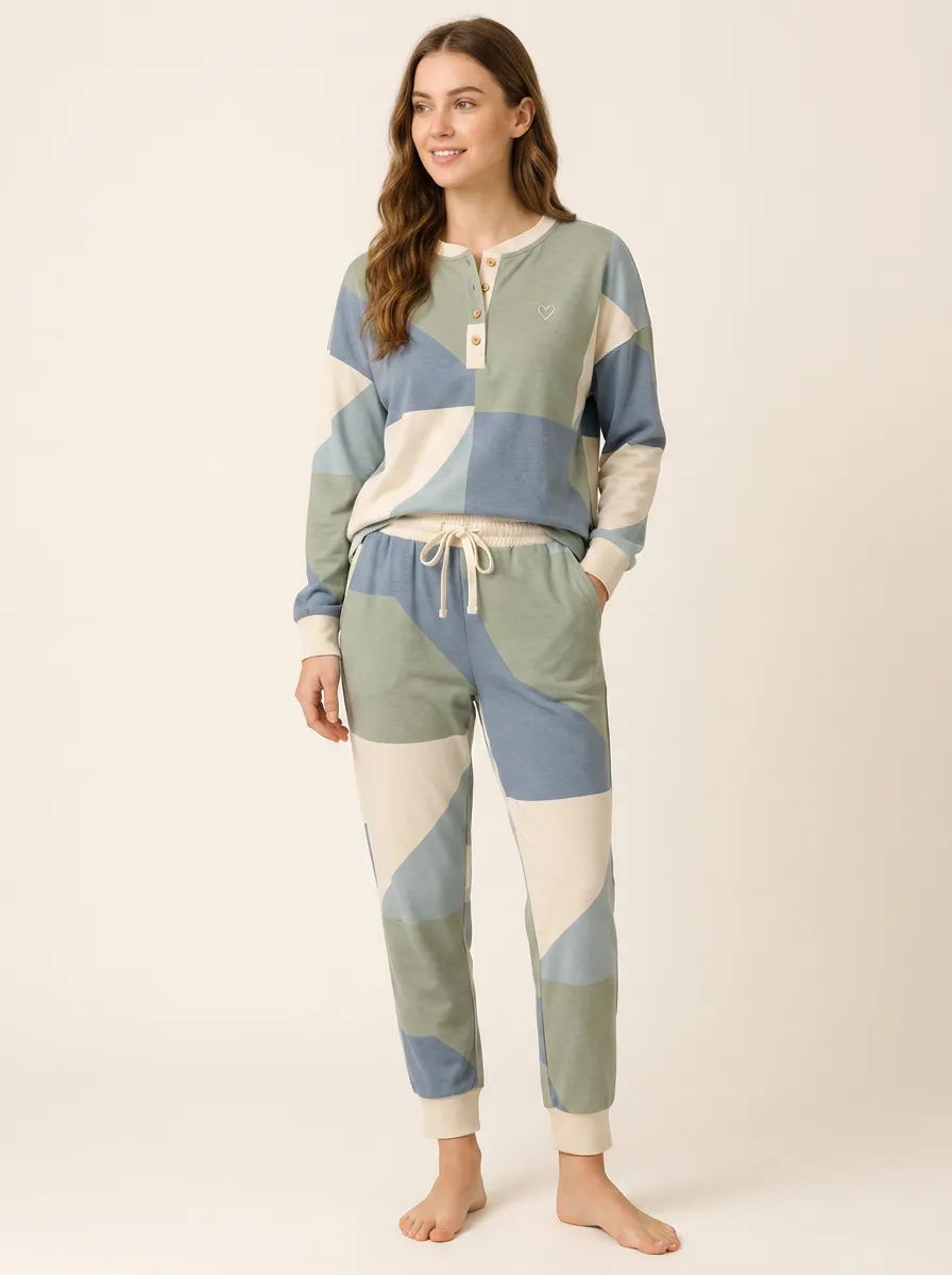 Women's Casual Geometric Pattern Printed Henley Lounge Set