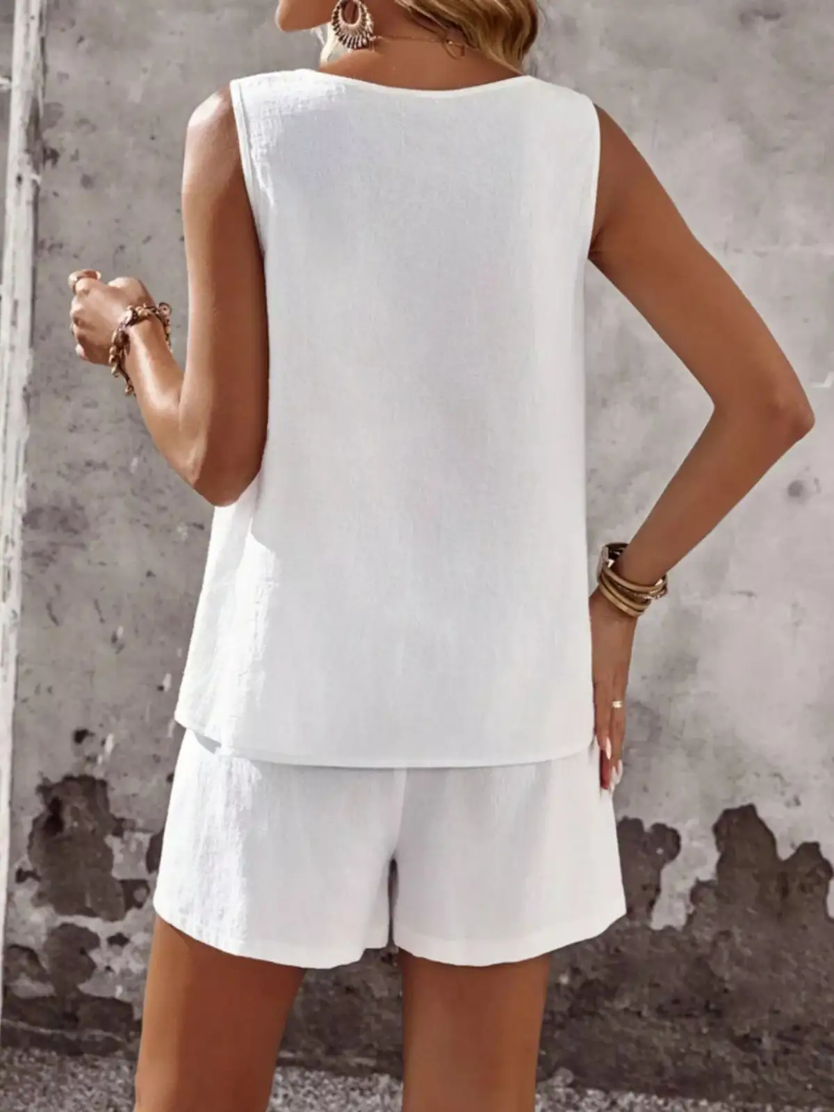 Round-Neck Button-Detail Cotton Shorts Matching Set