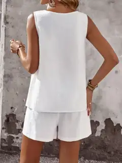 Round-Neck Button-Detail Cotton Shorts Matching Set