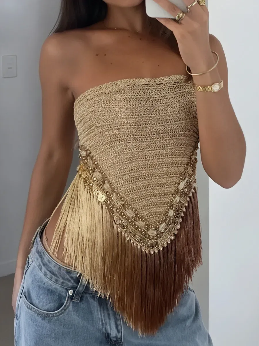 Camille Tassel Fringe Beaded Crop Top