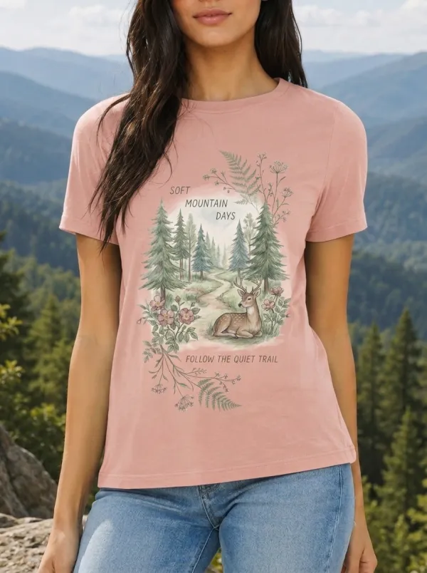 Women's Nature Lover Deer Forest Trail Printed T-shirt