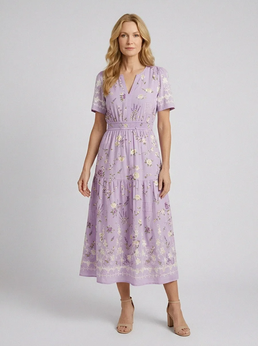 Women's Summer Vacation Lavender Floral Printed Midi Dress