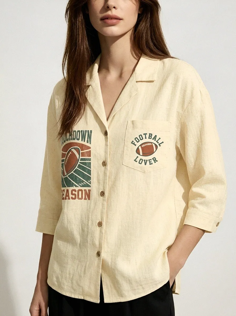 Women's Football Lover Touchdown Season Graphic Printed Button-up Shirt