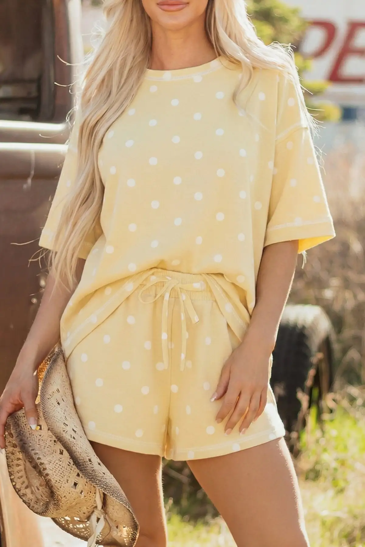 Refined Drawstring Polka-Dot Two-Piece Tee and Shorts Set