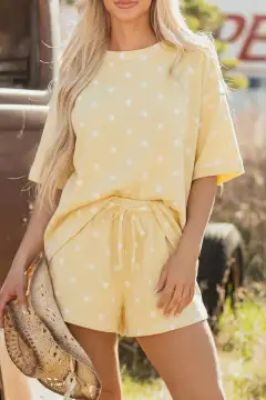 Refined Drawstring Polka-Dot Two-Piece Tee and Shorts Set