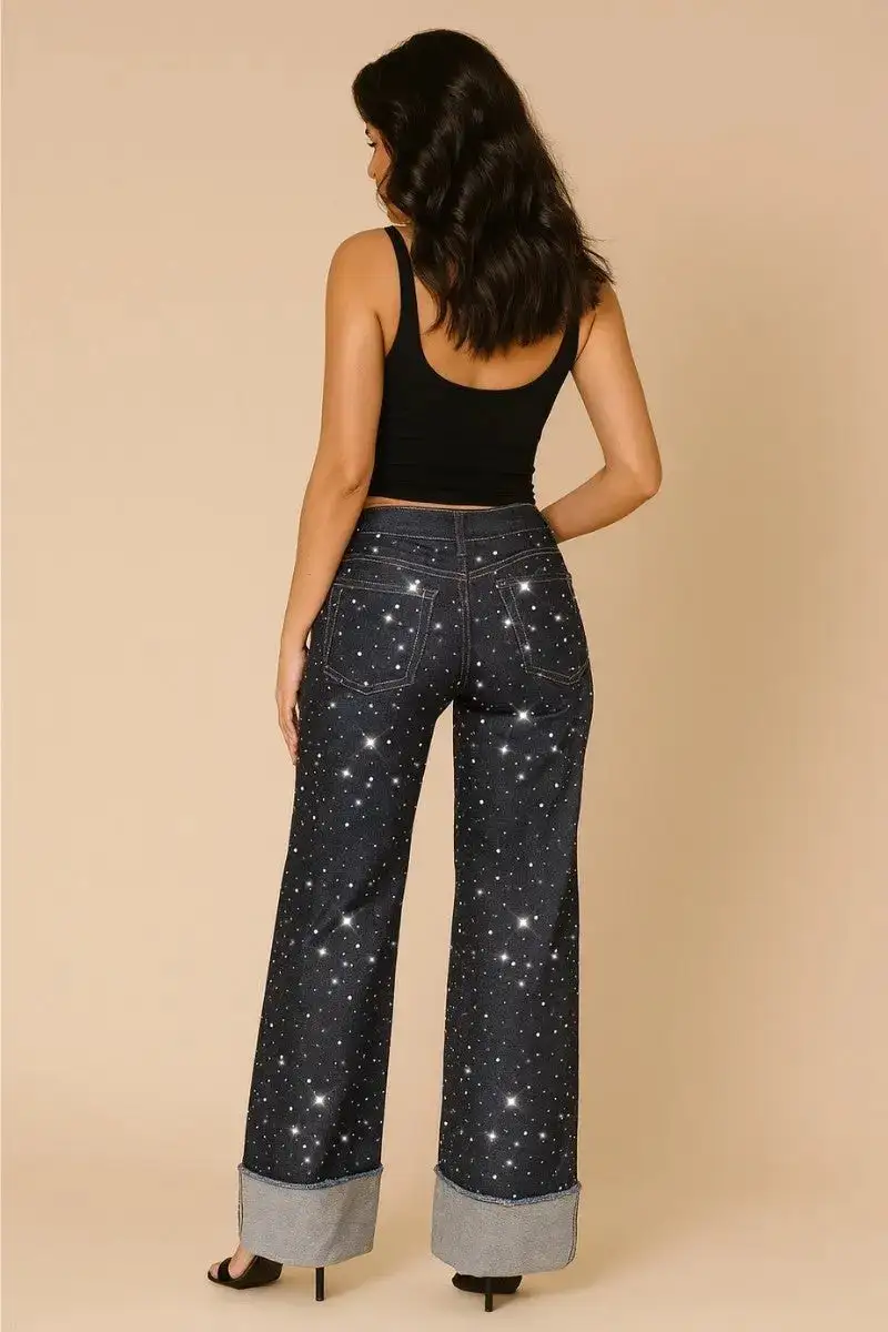 Low Rise Rhinestone Detail Wide Leg Cuffed Rinse Wash Denim Jeans