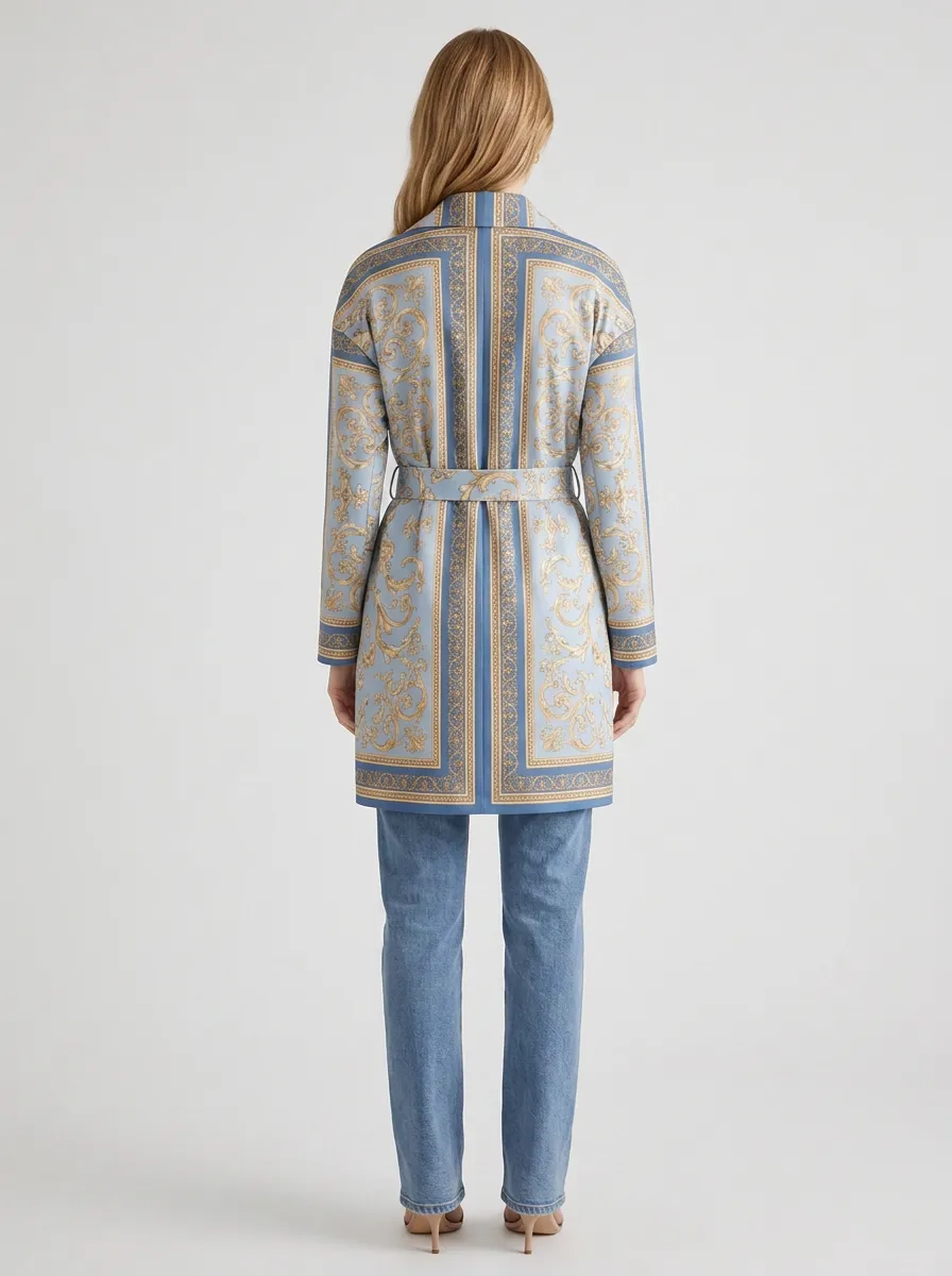 Women's Baroque Style Blue Gold Printed Belted Jacket