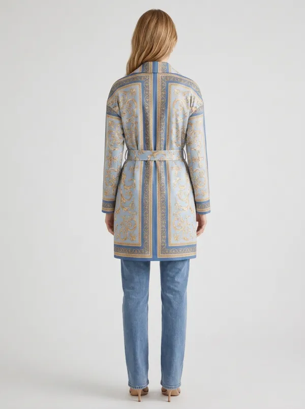 Women's Baroque Style Blue Gold Printed Belted Jacket