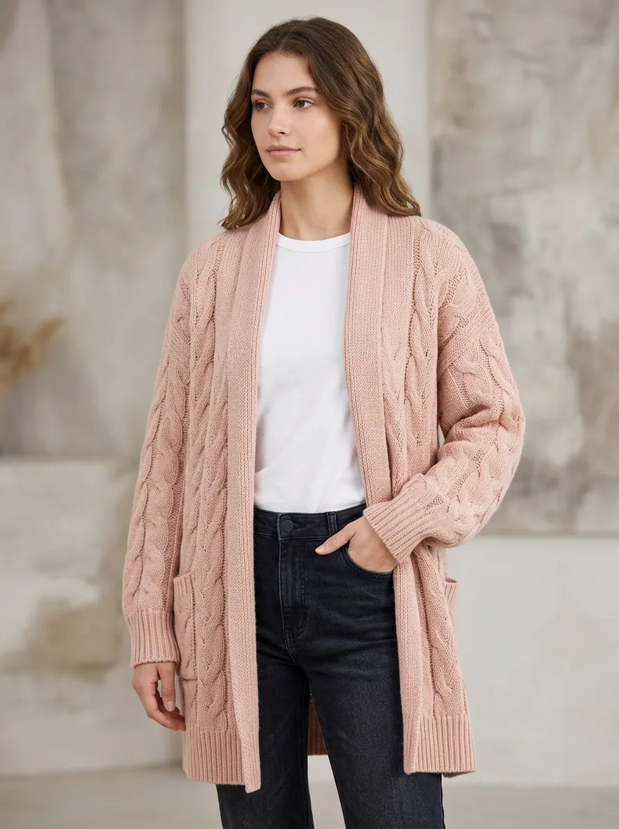 Women's Dusty Rose Cable-Knit Open Shawl Collar Cardigan
