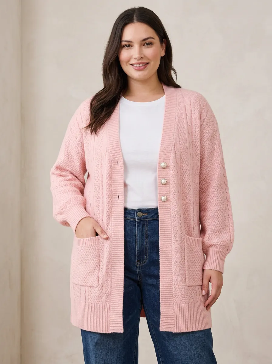 Women's Pink Cable Knit Pearl Button Cardigan