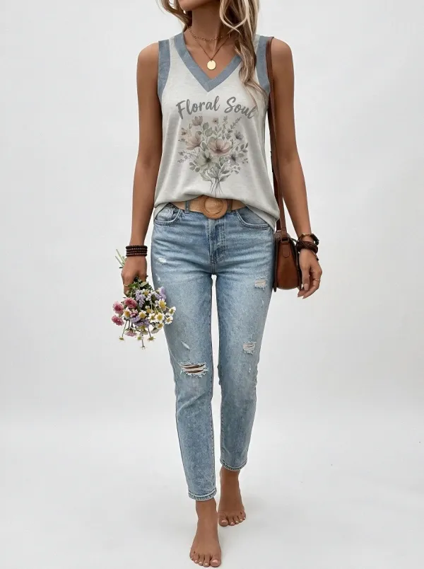 Women's Floral Soul Bouquet Printed V-Neck Tank Top