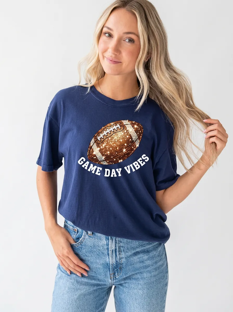 Women's Weekend Football Ball Sparkle Crew Neck Graphic T-Shirt