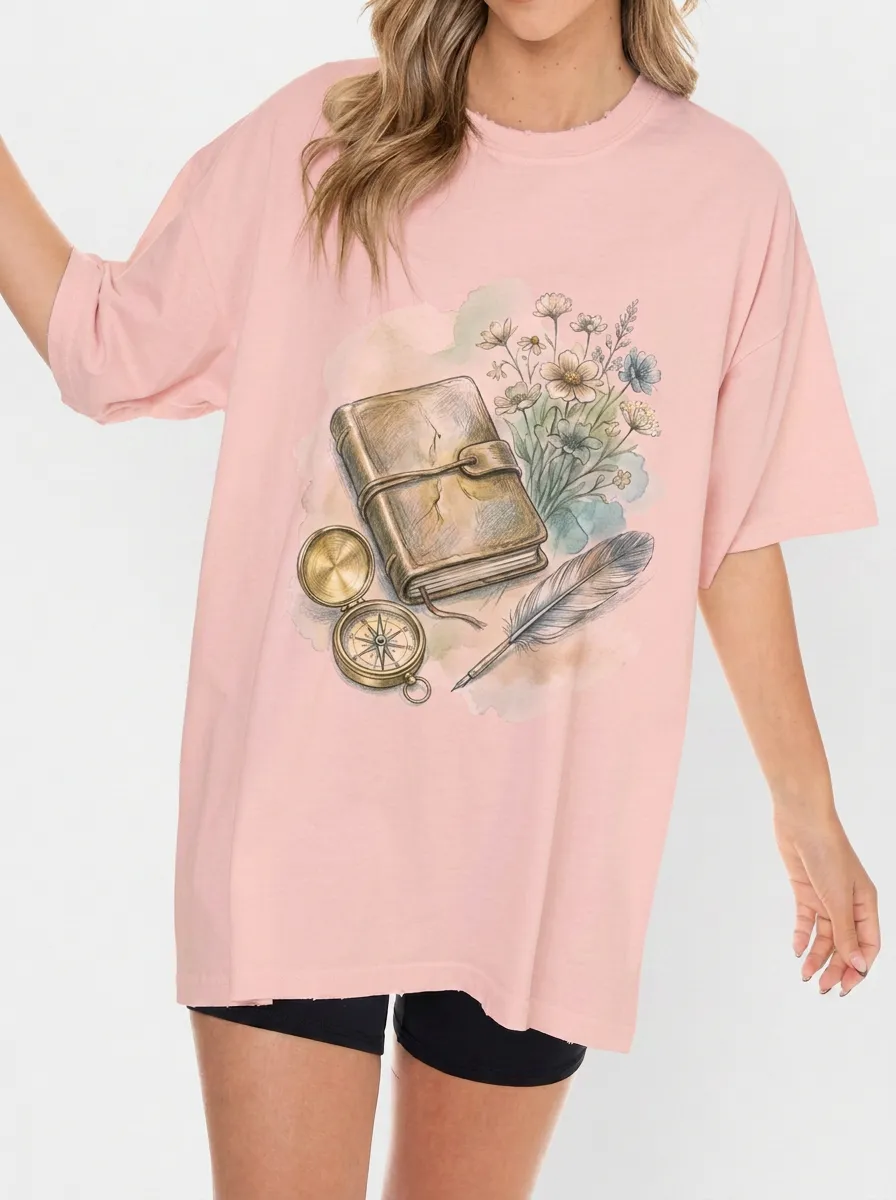 Women's Writer Traveler Journal Compass Flower Feather Printed T-shirt