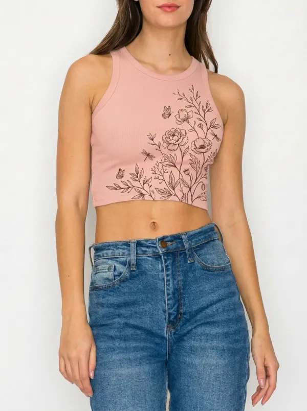 Women's Floral Butterfly Nature Aesthetic Printed Crop Tank Top